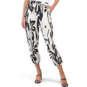 Christian Siriano Cargo Jogger Pants Black White Leaf Print Rayon M